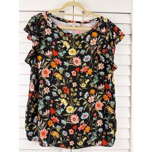 LOFT Floral Blouse Women XL Black Ruffle Sleeve Mixed Media